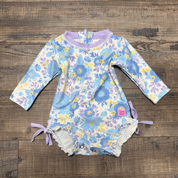Ruffle Butts Floral One Piece Swimsuit Long Sleeve Rashguard Blue White Purple - Picture 1 of 6